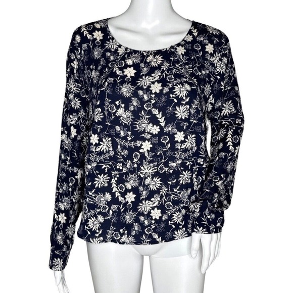 Anthropologie Astr Shirt Womens Medium Navy Blue White Floral Flower‎ Bloomcore - Picture 1 of 9